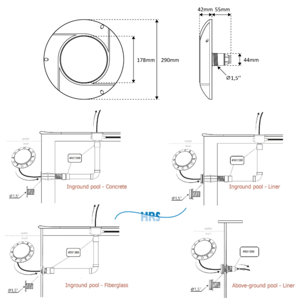 HRS06048 Seamaid ecoproof zwembadlamp plat montagetekening